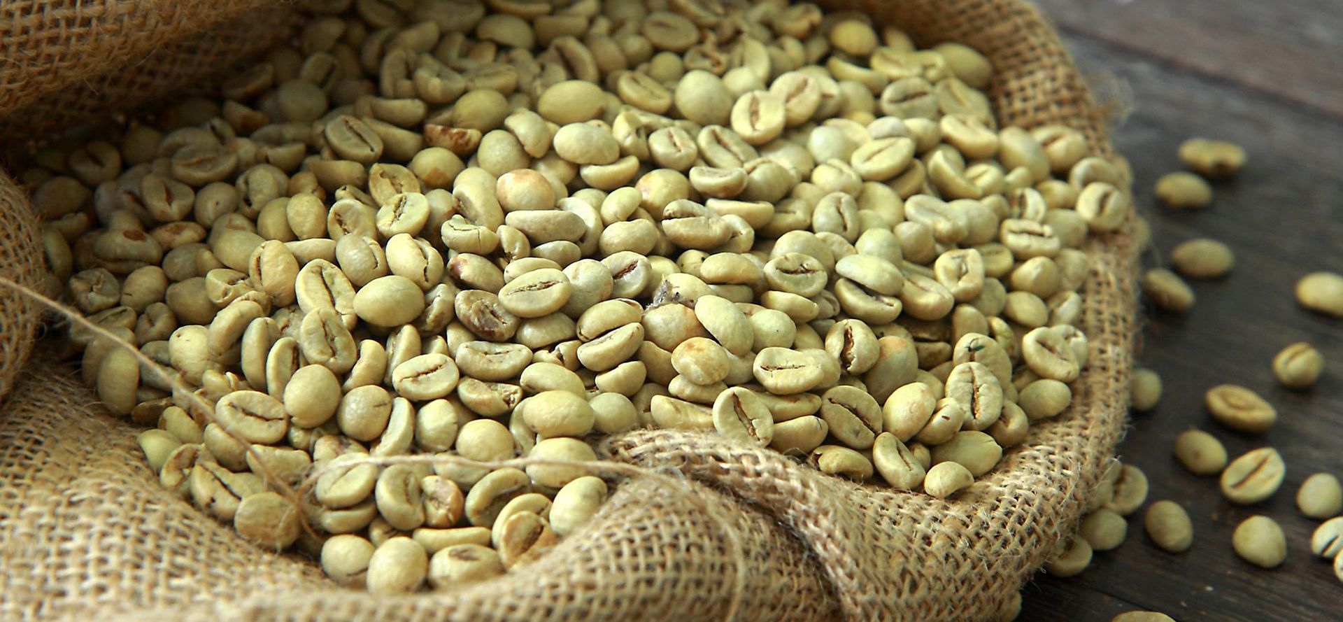 Green coffee beans in a pouch.