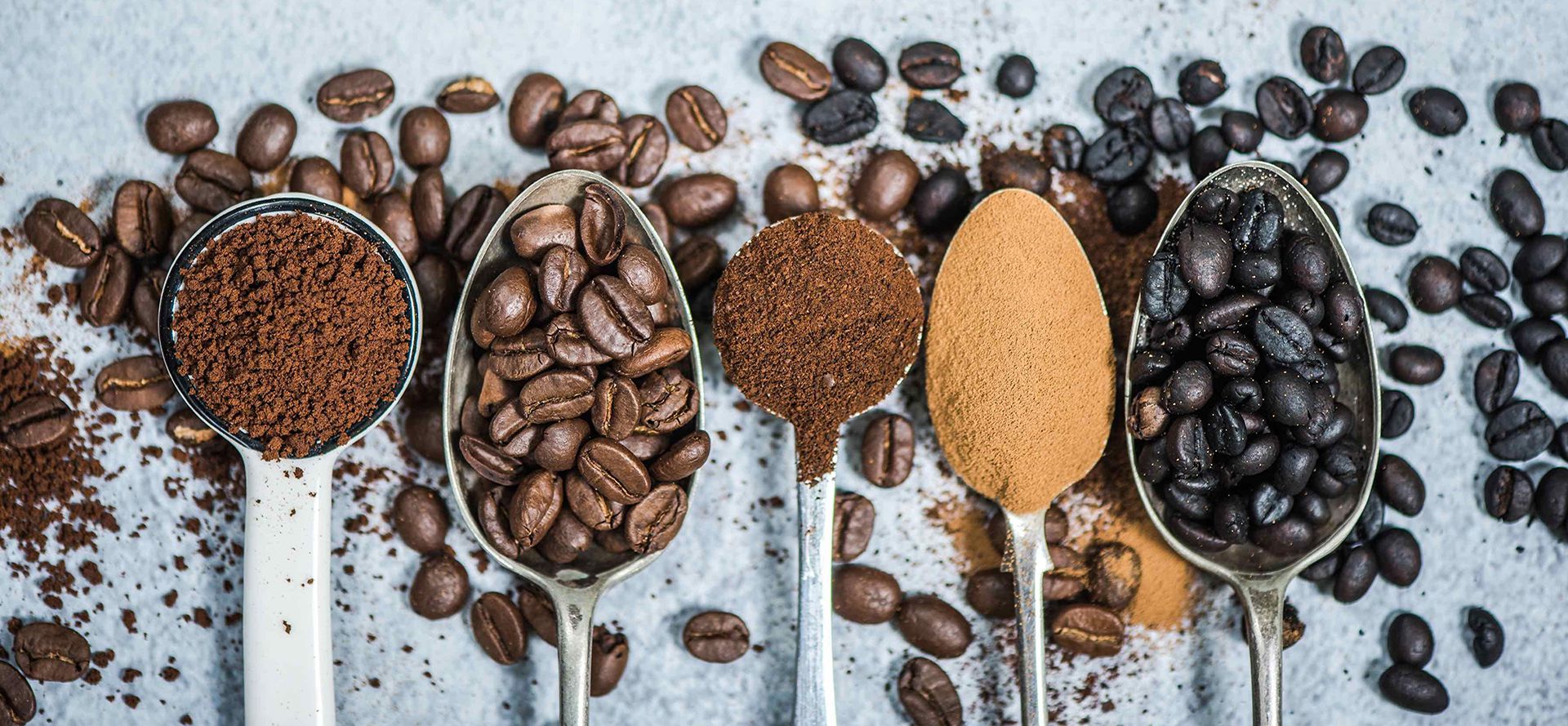 Coffee powder and coffee beans on spoons.
