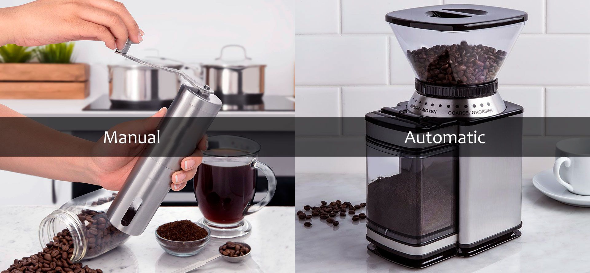 Manual And Automatic Burr Coffee Grinders.